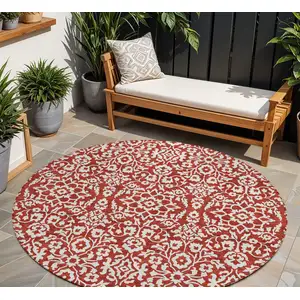 Photo of 8' Red And Ivory Round Damask Washable Indoor Outdoor Area Rug