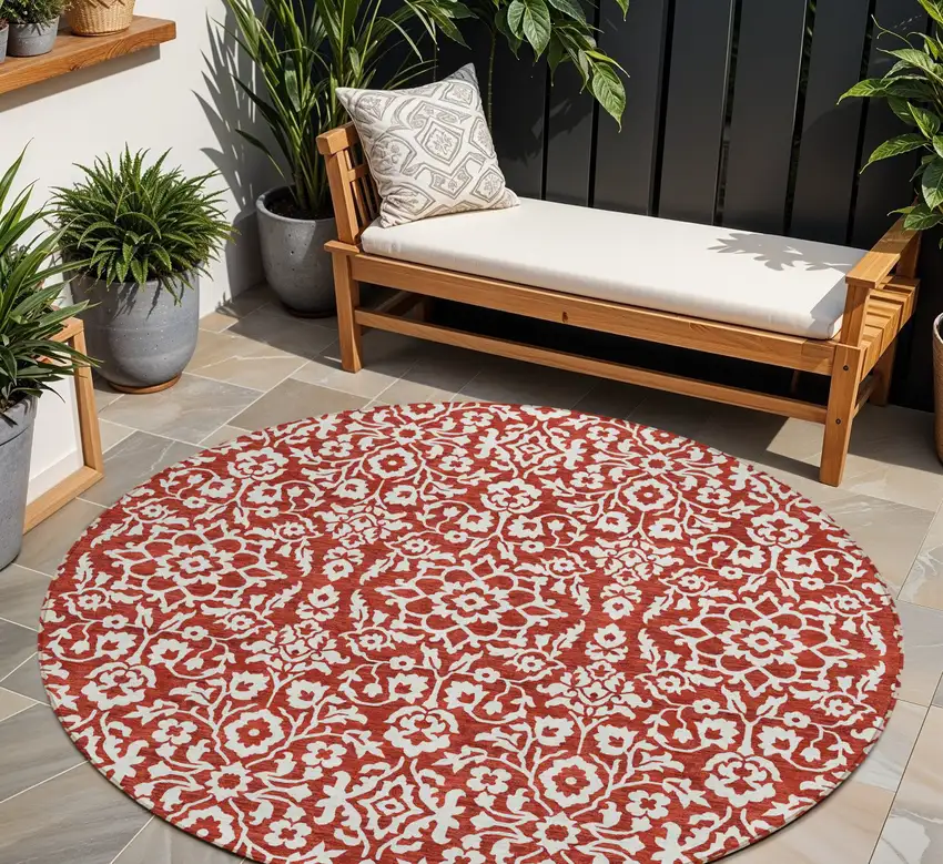 8' Red And Ivory Round Damask Washable Indoor Outdoor Area Rug Photo 1