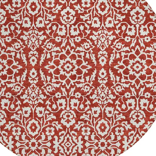 8' Red And Ivory Round Damask Washable Indoor Outdoor Area Rug Photo 4