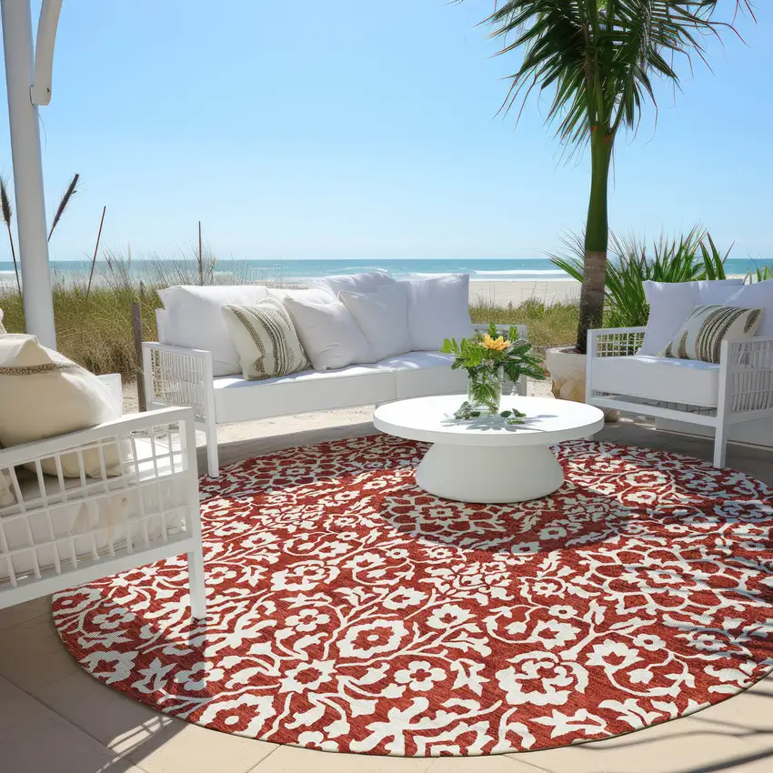 8' Red And Ivory Round Damask Washable Indoor Outdoor Area Rug Photo 6