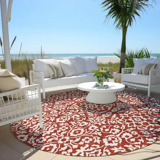 8' Red And Ivory Round Damask Washable Indoor Outdoor Area Rug Photo 6