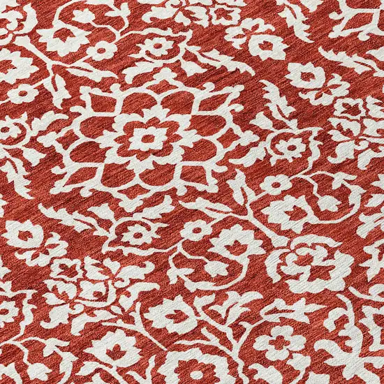 8' Red And Ivory Round Damask Washable Indoor Outdoor Area Rug Photo 8
