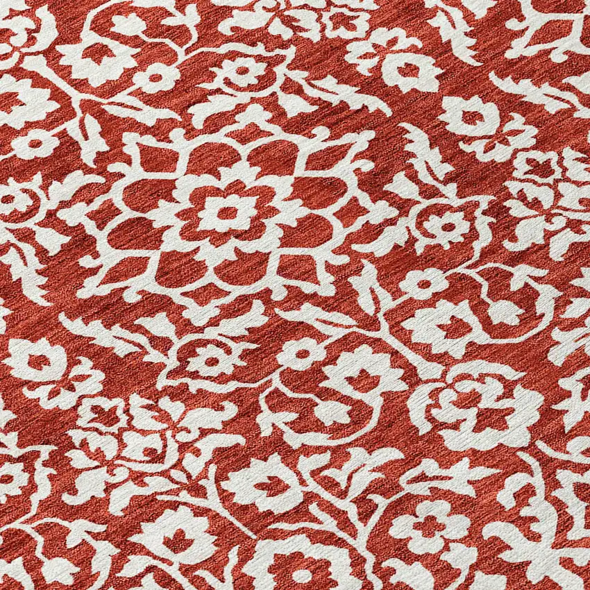 8' Red And Ivory Round Damask Washable Indoor Outdoor Area Rug Photo 8
