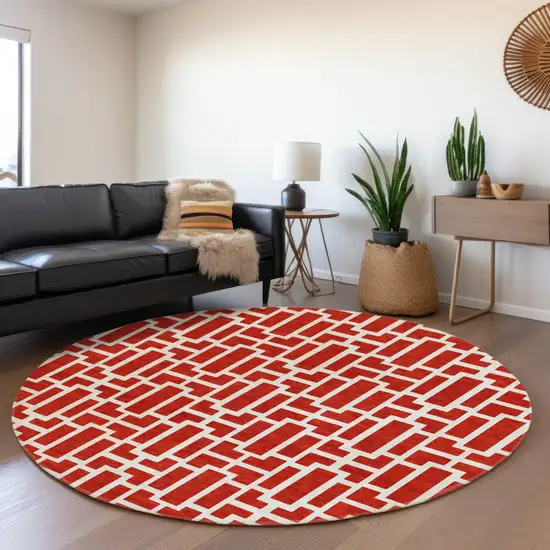 8' Red And Ivory Round Geometric Washable Indoor Outdoor Area Rug Photo 8