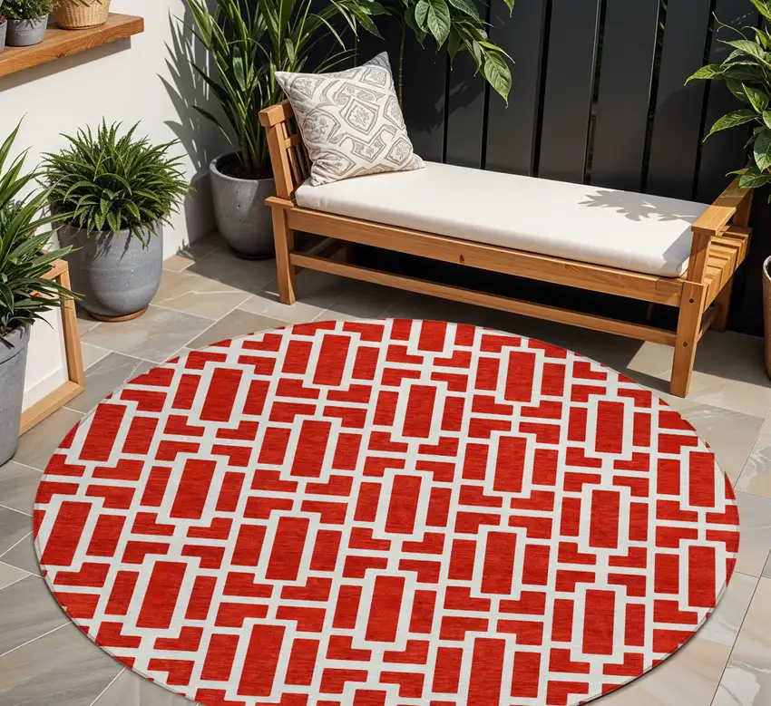 8' Red And Ivory Round Geometric Washable Indoor Outdoor Area Rug Photo 1