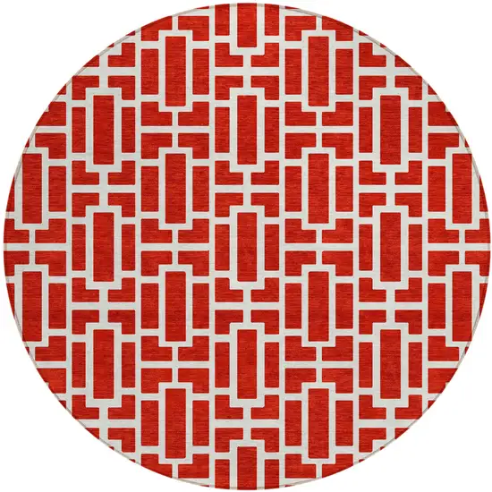 8' Red And Ivory Round Geometric Washable Indoor Outdoor Area Rug Photo 2