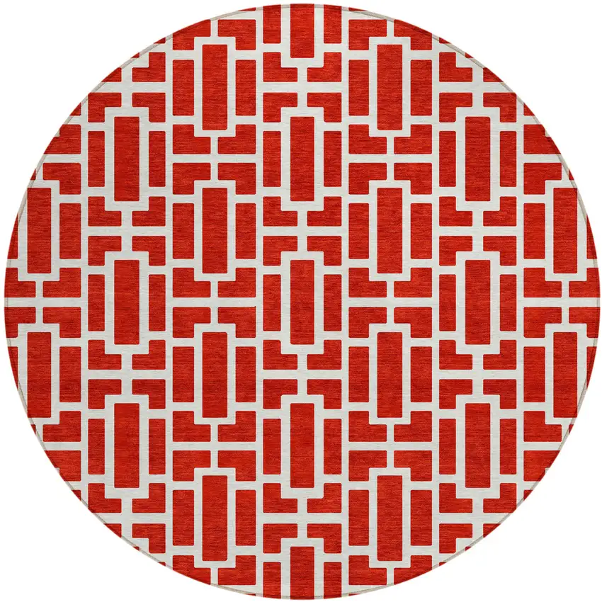 8' Red And Ivory Round Geometric Washable Indoor Outdoor Area Rug Photo 2