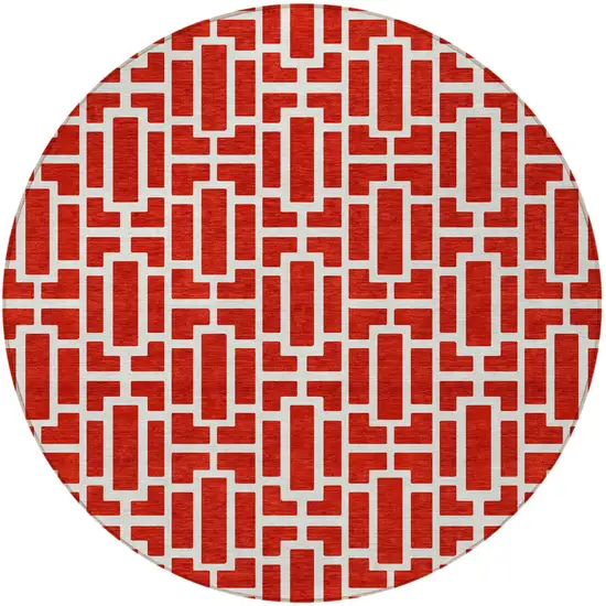 8' Red And Ivory Round Geometric Washable Indoor Outdoor Area Rug Photo 6