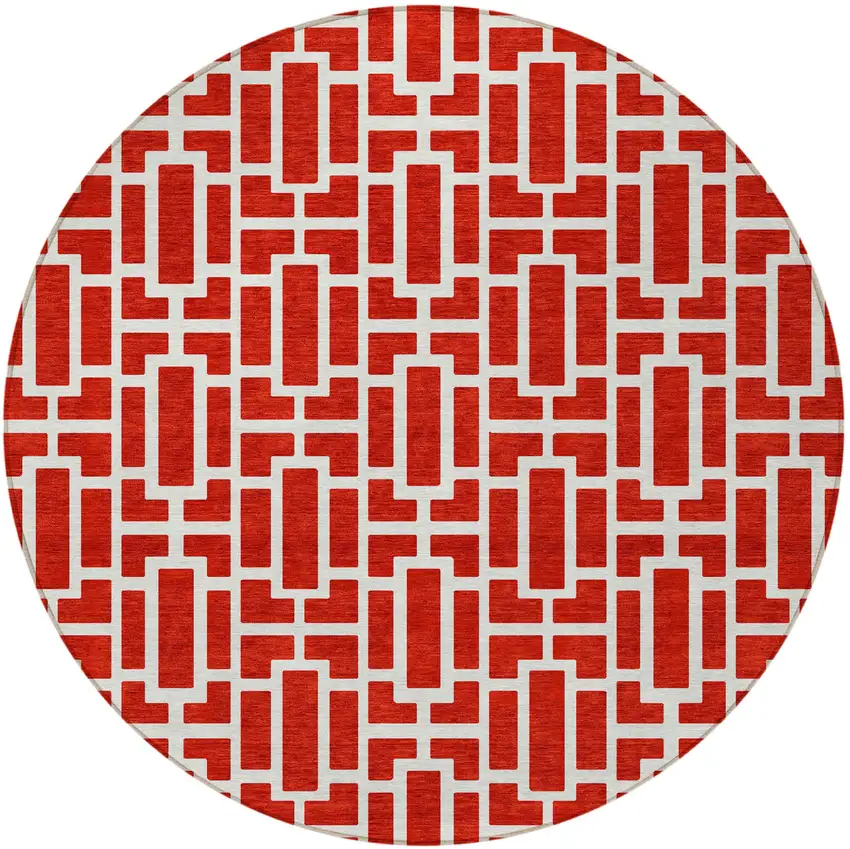 8' Red And Ivory Round Geometric Washable Indoor Outdoor Area Rug Photo 6