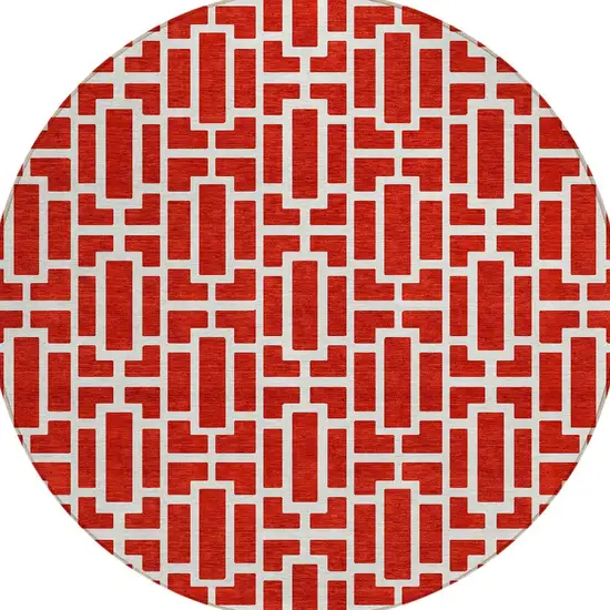 8' Red And Ivory Round Geometric Washable Indoor Outdoor Area Rug Photo 5
