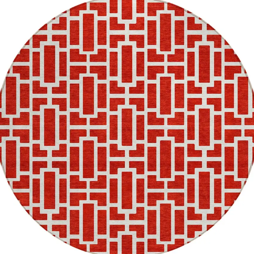 8' Red And Ivory Round Geometric Washable Indoor Outdoor Area Rug Photo 5