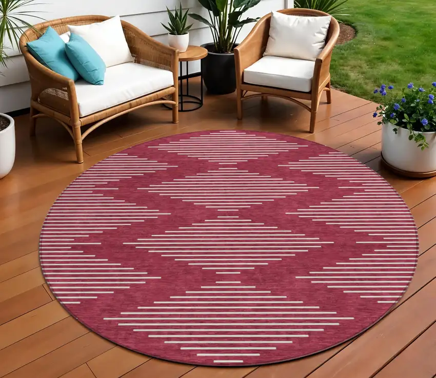 8' Red And Ivory Round Geometric Washable Indoor Outdoor Area Rug Photo 1