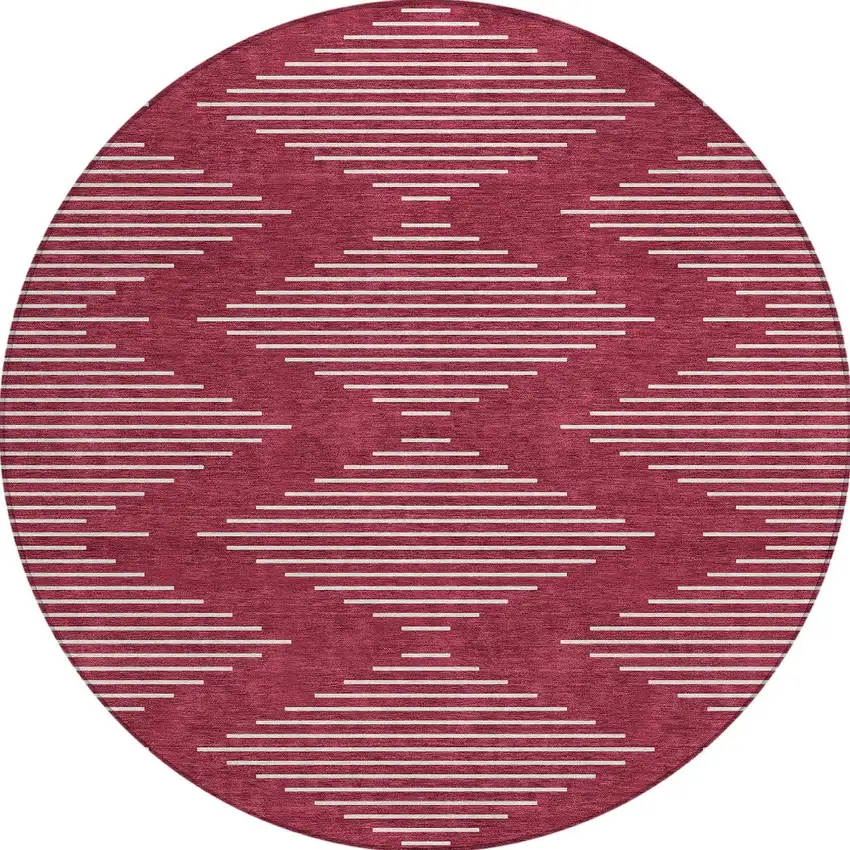 8' Red And Ivory Round Geometric Washable Indoor Outdoor Area Rug Photo 5
