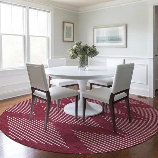 8' Red And Ivory Round Geometric Washable Indoor Outdoor Area Rug Photo 8
