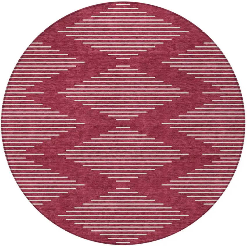 8' Red And Ivory Round Geometric Washable Indoor Outdoor Area Rug Photo 6