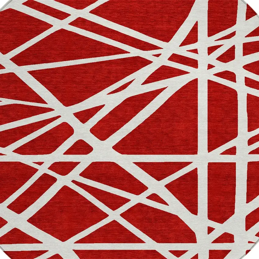 8' Red And Ivory Round Geometric Washable Indoor Outdoor Area Rug Photo 4