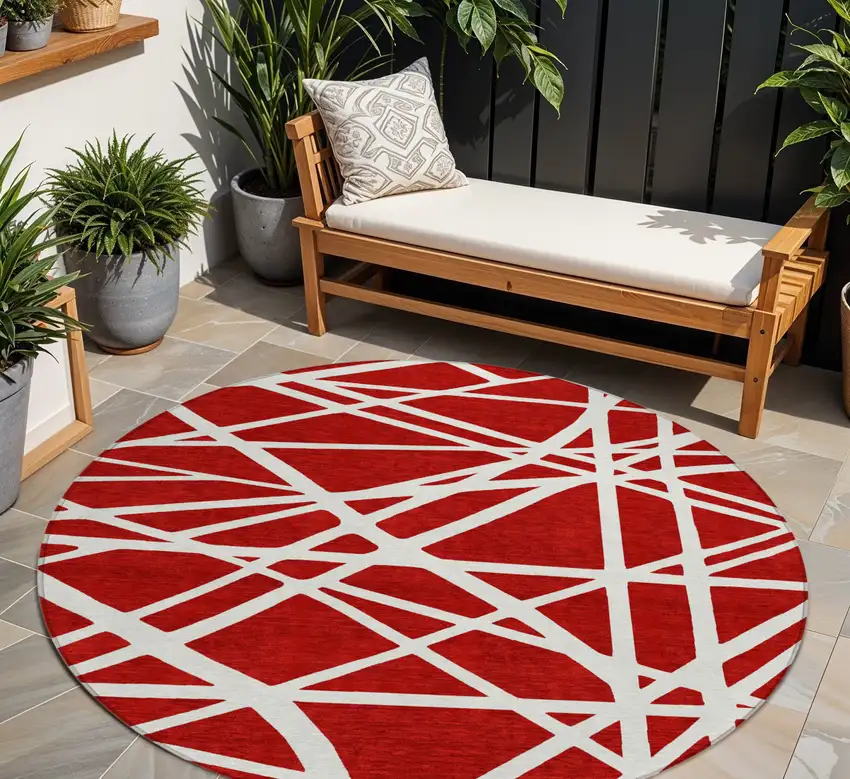 8' Red And Ivory Round Geometric Washable Indoor Outdoor Area Rug Photo 1