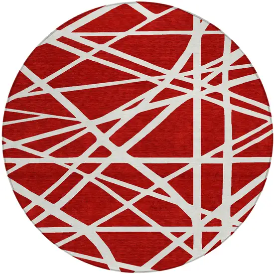 8' Red And Ivory Round Geometric Washable Indoor Outdoor Area Rug Photo 2