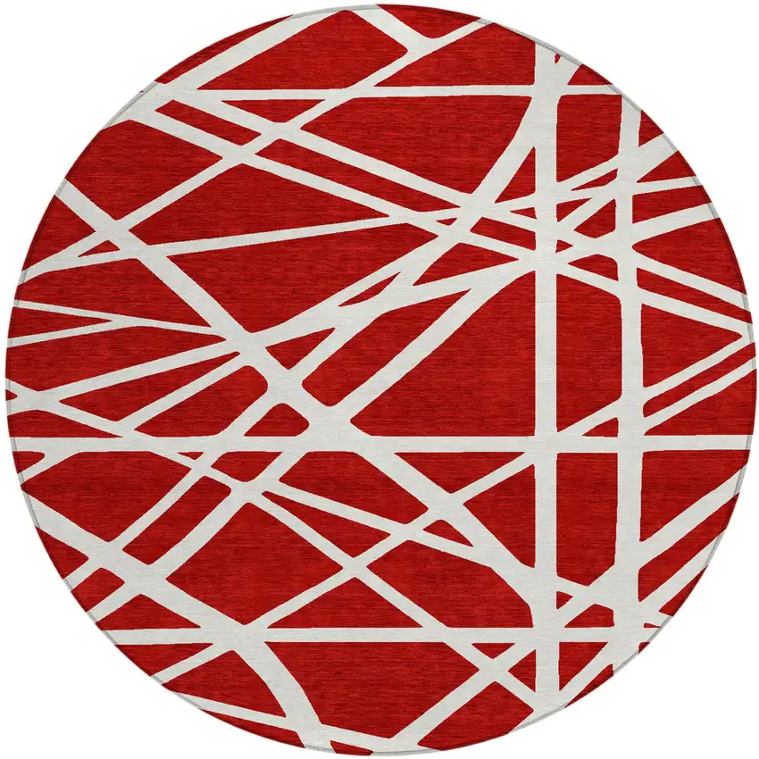 8' Red And Ivory Round Geometric Washable Indoor Outdoor Area Rug Photo 2