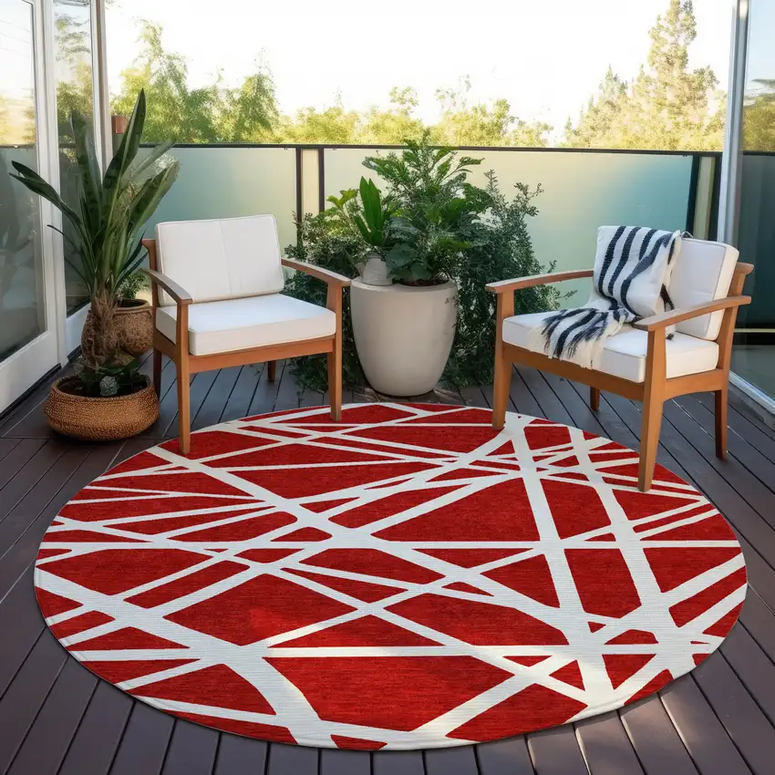 8' Red And Ivory Round Geometric Washable Indoor Outdoor Area Rug Photo 6