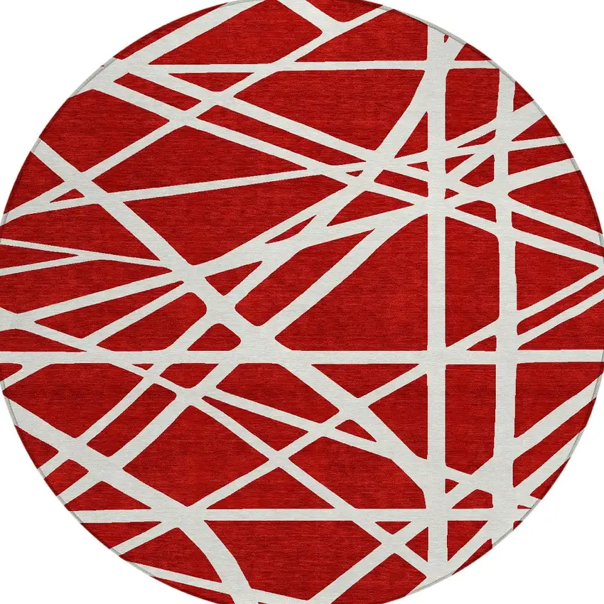 8' Red And Ivory Round Geometric Washable Indoor Outdoor Area Rug Photo 5