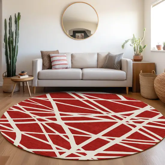 8' Red And Ivory Round Geometric Washable Indoor Outdoor Area Rug Photo 7