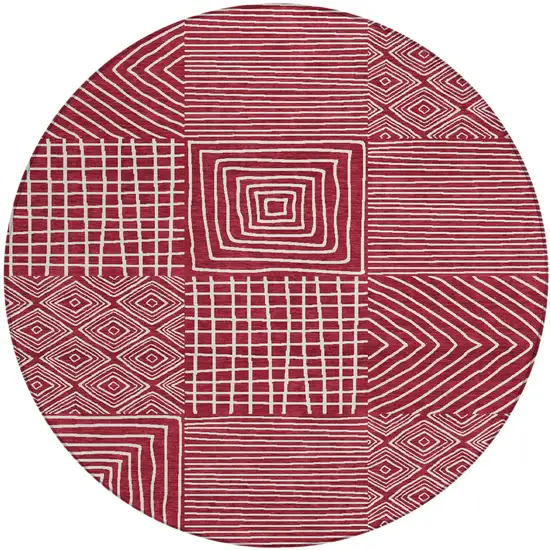 8' Red And Ivory Round Geometric Washable Indoor Outdoor Area Rug Photo 2