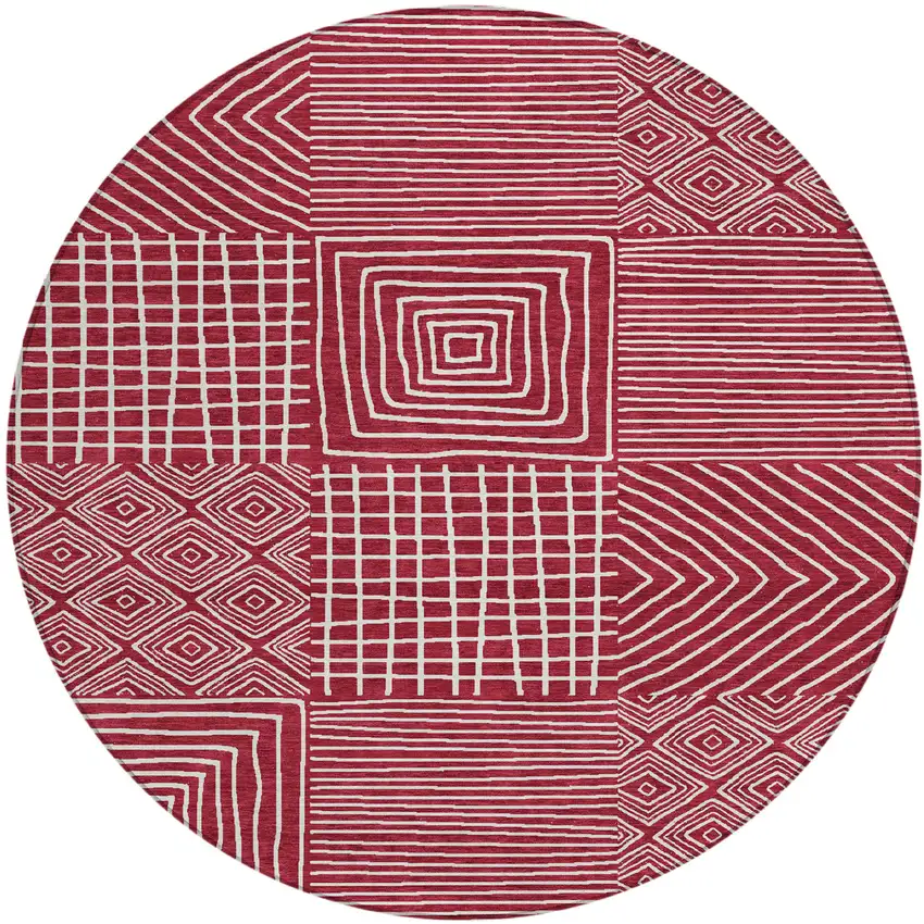 8' Red And Ivory Round Geometric Washable Indoor Outdoor Area Rug Photo 2