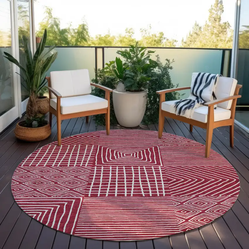 8' Red And Ivory Round Geometric Washable Indoor Outdoor Area Rug Photo 8