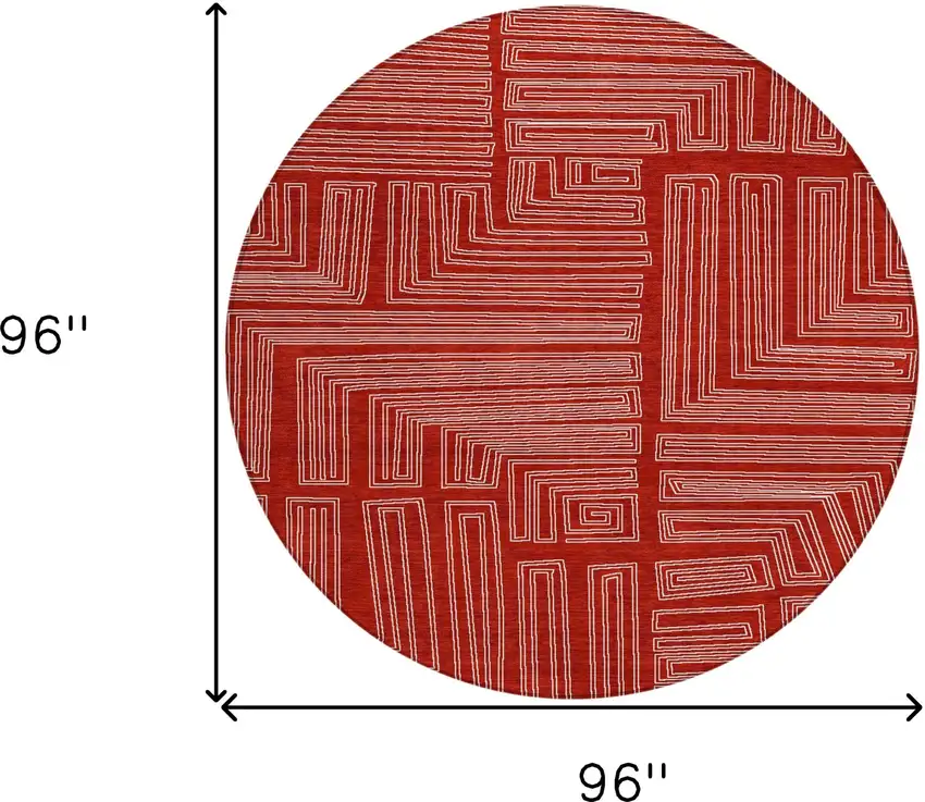 8' Red And Ivory Round Geometric Washable Indoor Outdoor Area Rug Photo 9