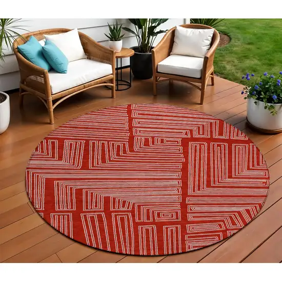 8' Red And Ivory Round Geometric Washable Indoor Outdoor Area Rug Photo 1