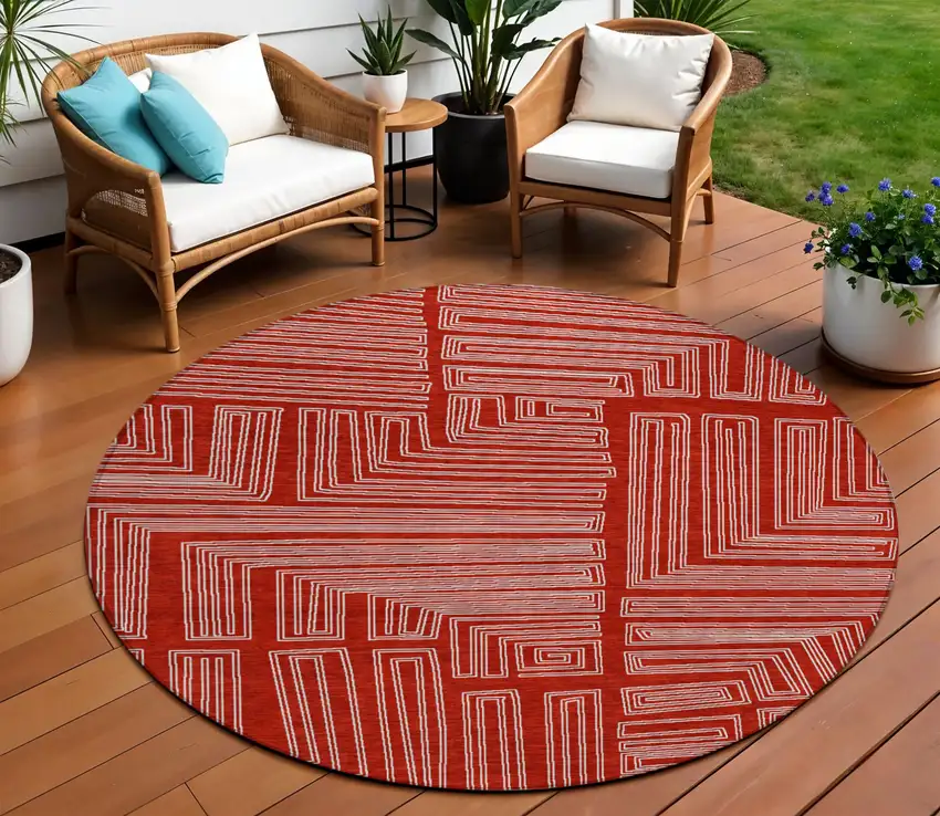 8' Red And Ivory Round Geometric Washable Indoor Outdoor Area Rug Photo 1