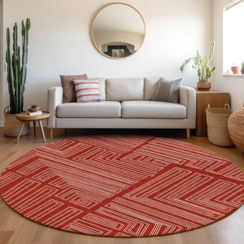 8' Red And Ivory Round Geometric Washable Indoor Outdoor Area Rug Photo 8