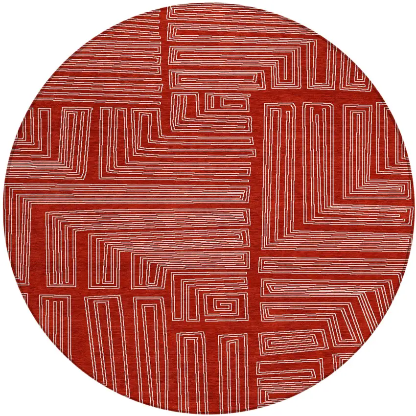 8' Red And Ivory Round Geometric Washable Indoor Outdoor Area Rug Photo 2