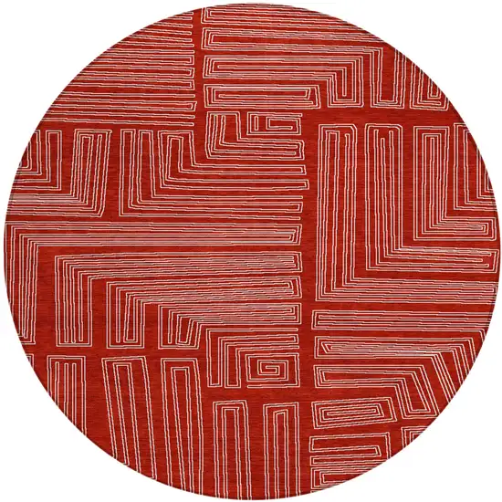 8' Red And Ivory Round Geometric Washable Indoor Outdoor Area Rug Photo 2