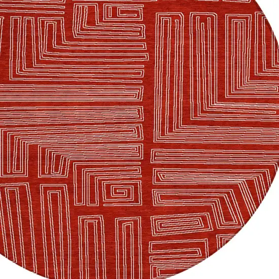 8' Red And Ivory Round Geometric Washable Indoor Outdoor Area Rug Photo 5