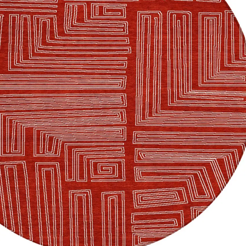 8' Red And Ivory Round Geometric Washable Indoor Outdoor Area Rug Photo 5