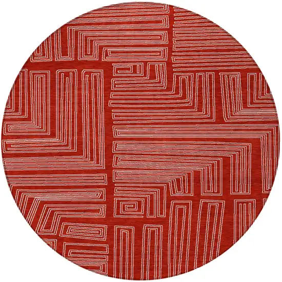 8' Red And Ivory Round Geometric Washable Indoor Outdoor Area Rug Photo 6