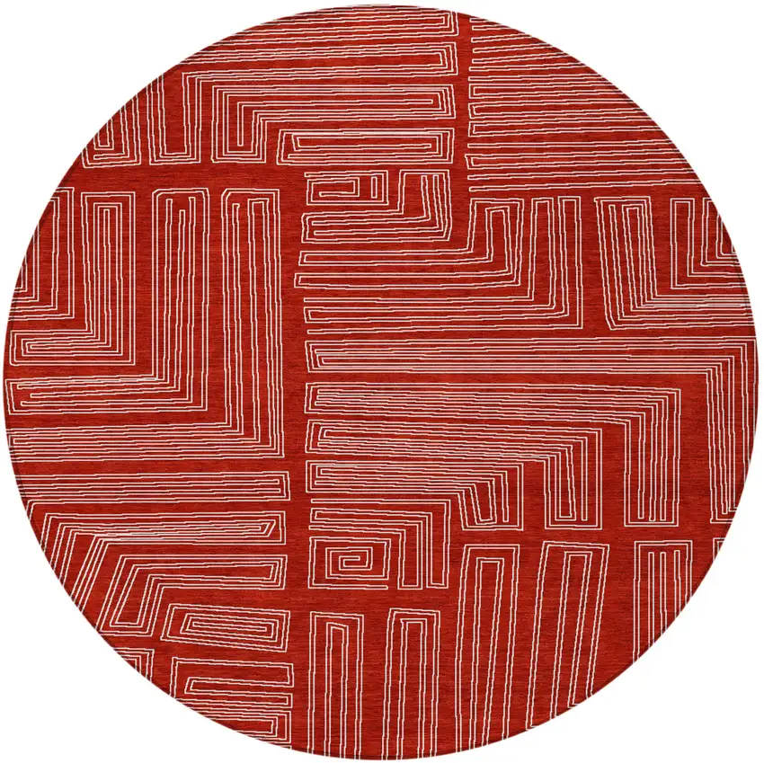 8' Red And Ivory Round Geometric Washable Indoor Outdoor Area Rug Photo 6