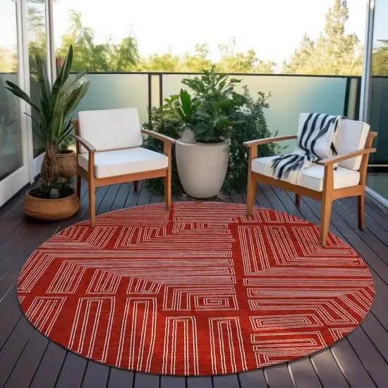 8' Red And Ivory Round Geometric Washable Indoor Outdoor Area Rug Photo 7