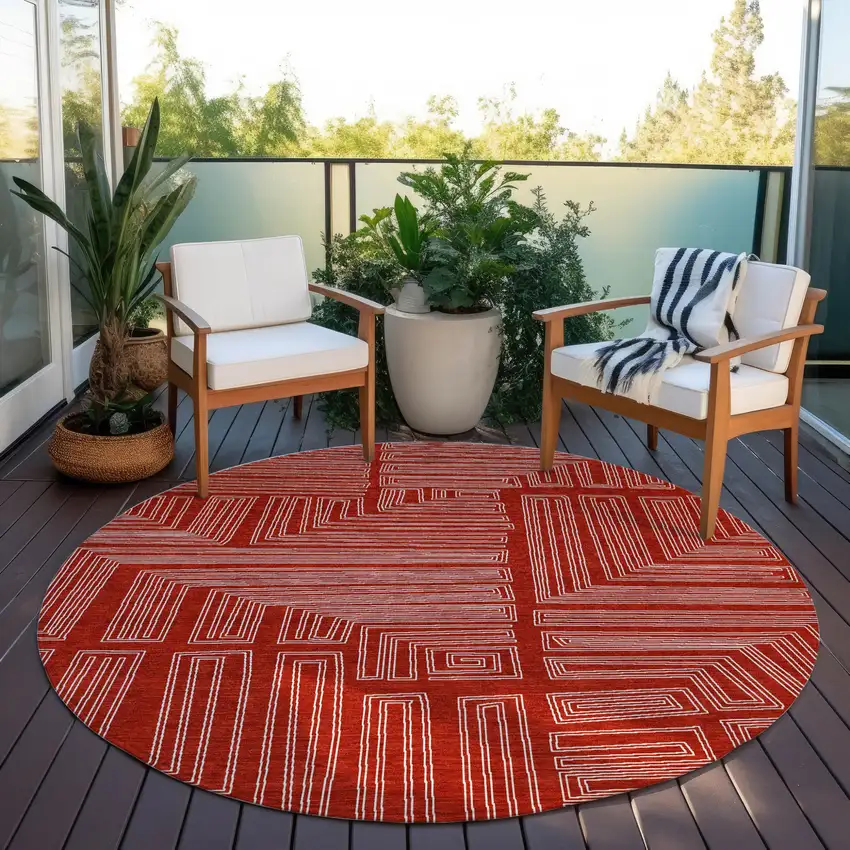 8' Red And Ivory Round Geometric Washable Indoor Outdoor Area Rug Photo 7