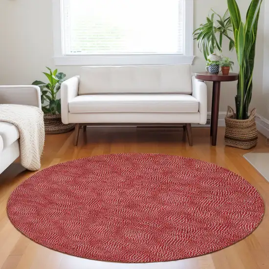 8' Red And Ivory Round Geometric Washable Indoor Outdoor Area Rug Photo 8