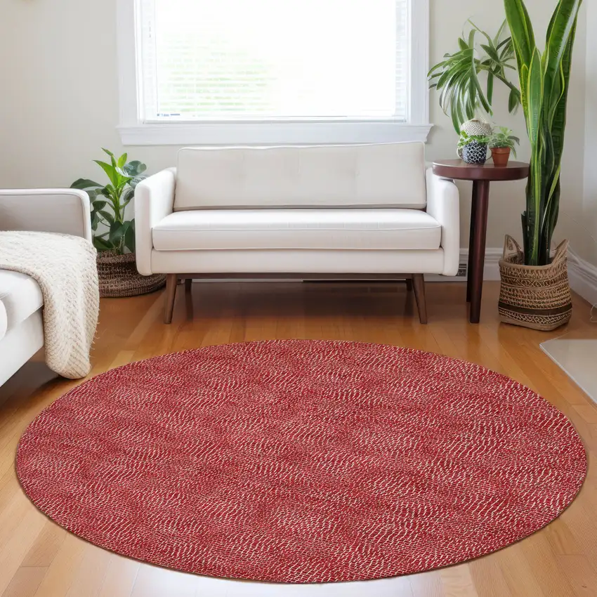 8' Red And Ivory Round Geometric Washable Indoor Outdoor Area Rug Photo 8