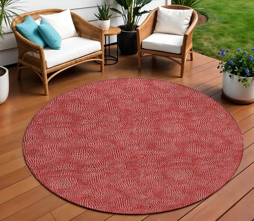 8' Red And Ivory Round Geometric Washable Indoor Outdoor Area Rug Photo 1