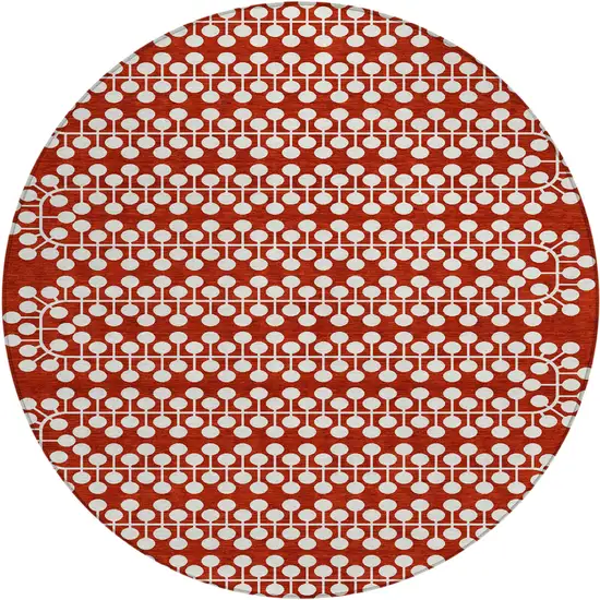 8' Red And Ivory Round Geometric Washable Indoor Outdoor Area Rug Photo 2