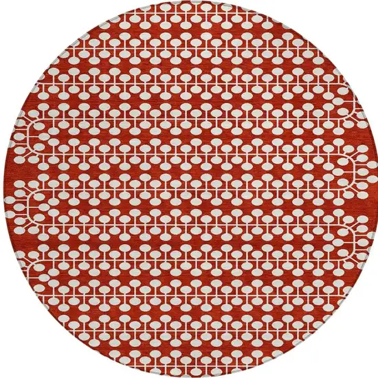 8' Red And Ivory Round Geometric Washable Indoor Outdoor Area Rug Photo 4
