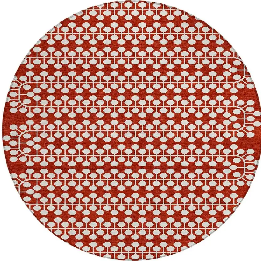 8' Red And Ivory Round Geometric Washable Indoor Outdoor Area Rug Photo 4