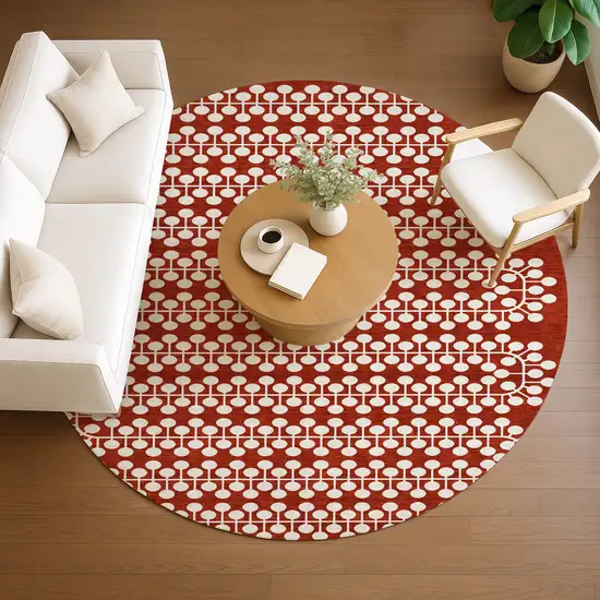 8' Red And Ivory Round Geometric Washable Indoor Outdoor Area Rug Photo 8