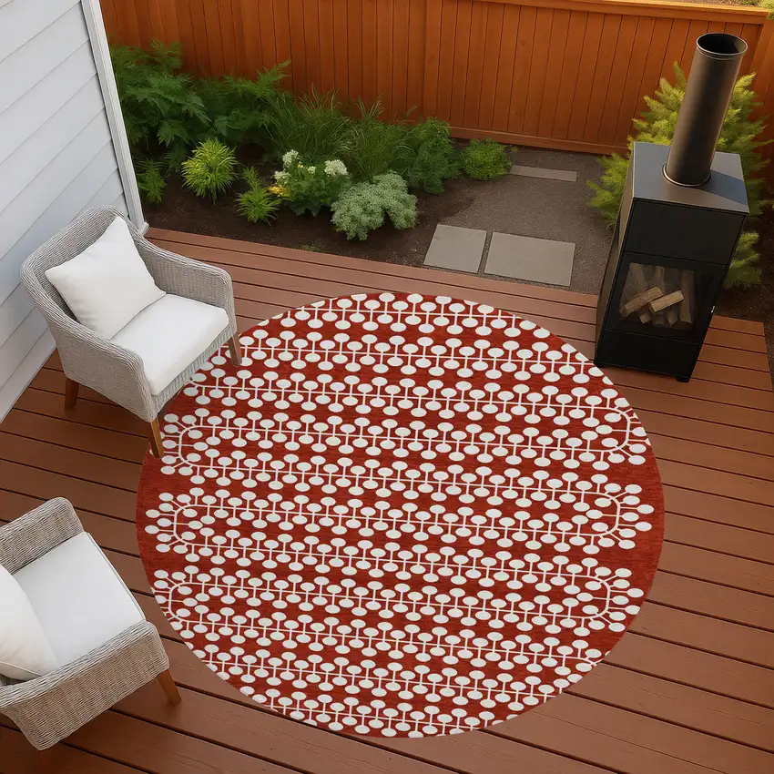 8' Red And Ivory Round Geometric Washable Indoor Outdoor Area Rug Photo 7