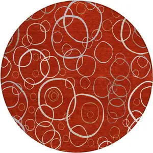 Photo of 8' Red And Ivory Round Geometric Washable Indoor Outdoor Area Rug
